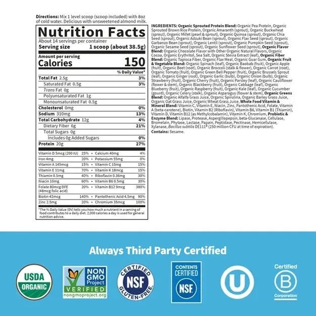 Raw Organic Meal Shake & Meal Replacement Chocolate 19.01oz (539g) Powder