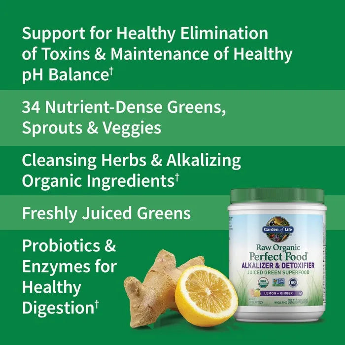 Raw Organic Perfect Food Alkalizer and Detoxifier Lemon-Ginger 9.94oz (282g) Powder