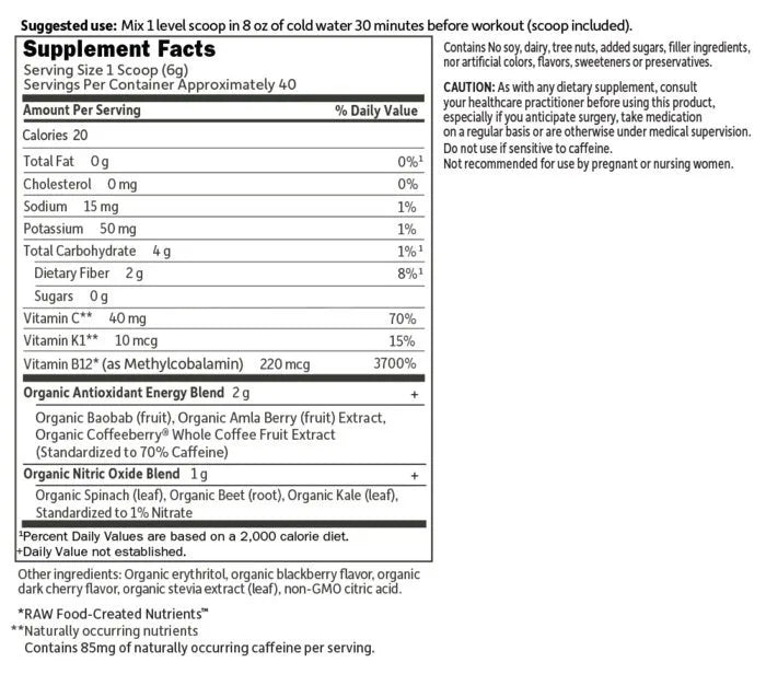 SPORT Organic Plant-Based Energy + Focus Sugar Free Blackberry Cherry 8.1oz (231g) Powder