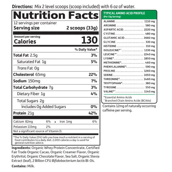 Organic Whey Protein Chocolate 13.96oz (396g) Powder