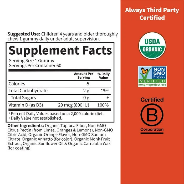 Organic Kids Vitamin D3 Gummy Orange flavor 60ct