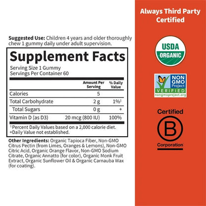 Organic Kids Vitamin D3 Gummy Orange flavor 60ct