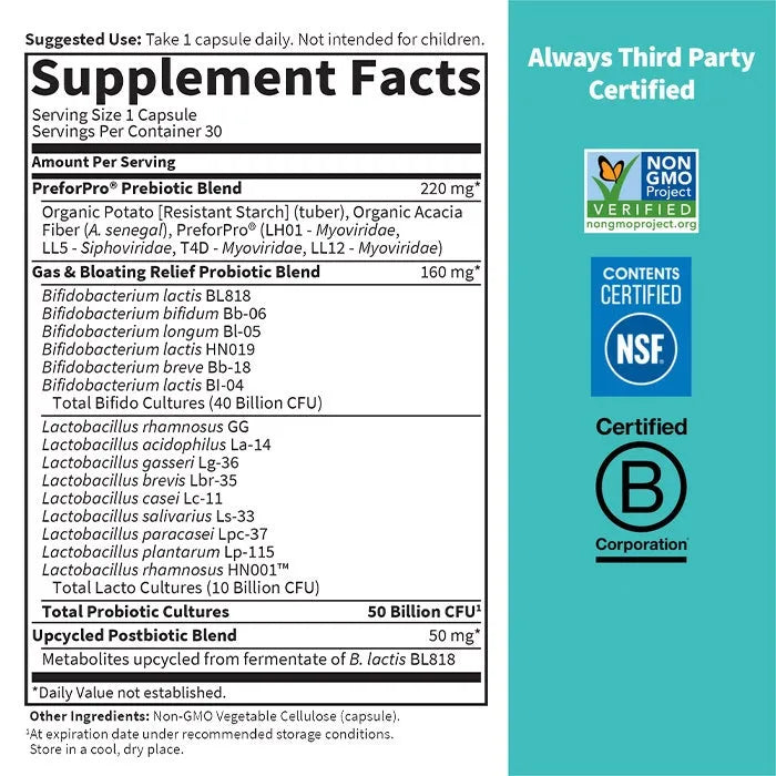 Dr. Formulated Probiotics Gas and Bloating† 50 Billion 30 Capsules