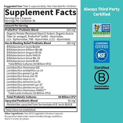 Dr. Formulated Probiotics Gas and Bloating† 50 Billion 30 Capsules