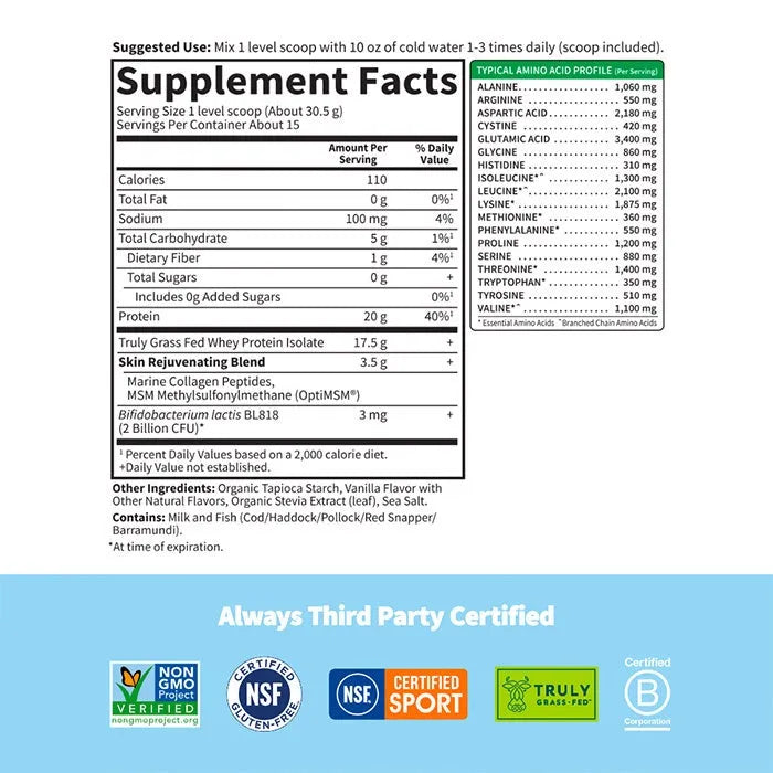 Sport Grass Fed Whey+ Skin Protein Powder - Vanilla