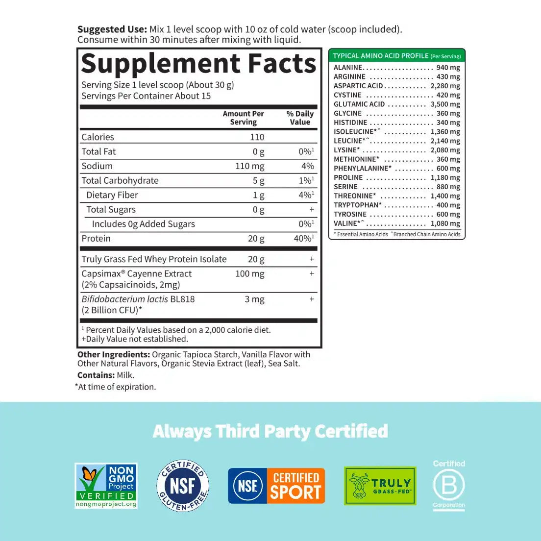 Sport Grass Fed Whey+ Weight Management Protein Powder - Vanilla