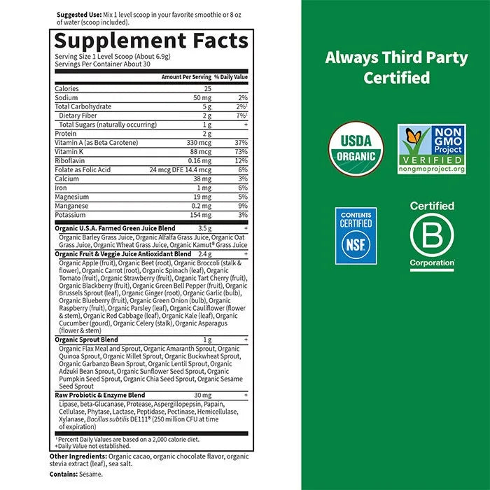 Raw Organic Perfect Food Green Superfood Chocolate Powder