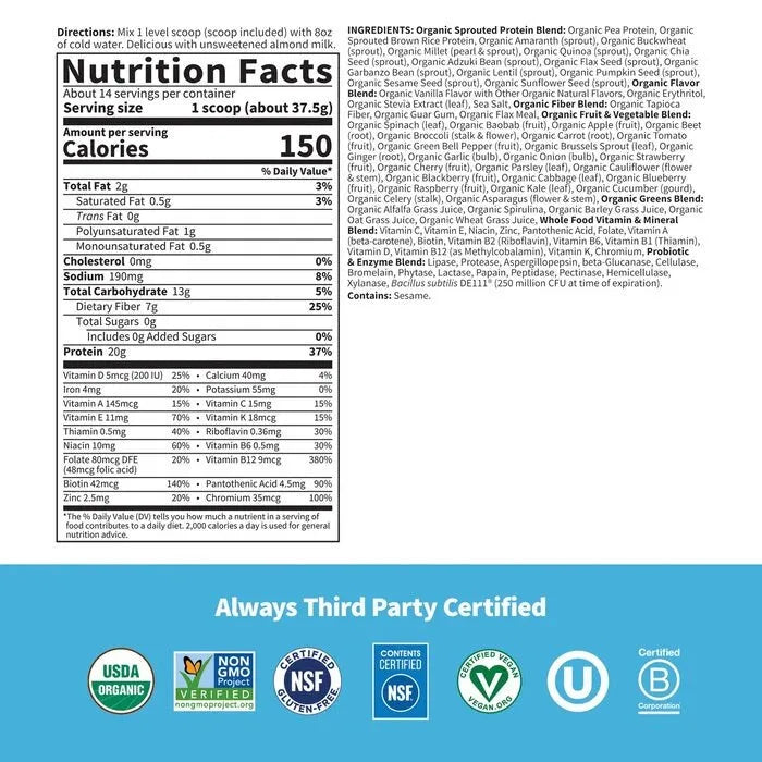 Raw Organic Meal Replacement Protein Powder - Vanilla
