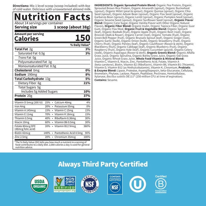 Raw Organic Meal Replacement Protein Powder - Lightly Sweet